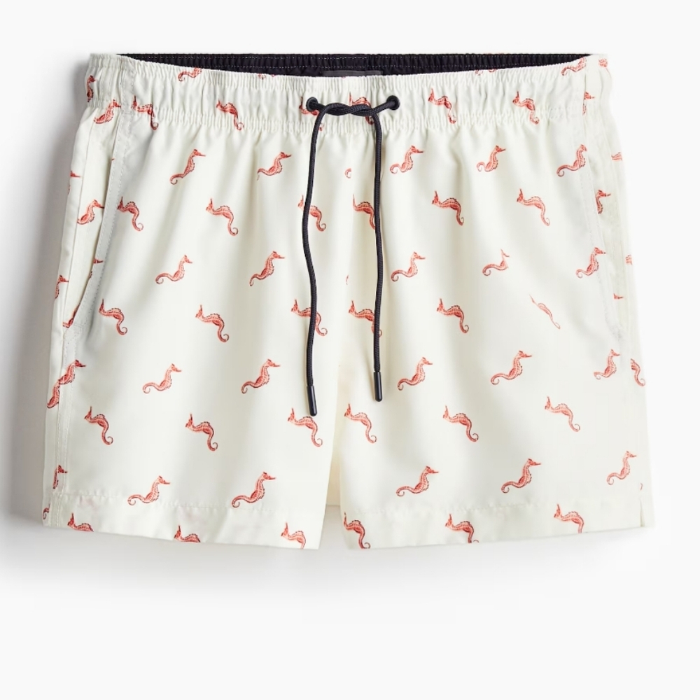 H&M White Swim Shorts  with Orange Seahorse Print Men's Size M.